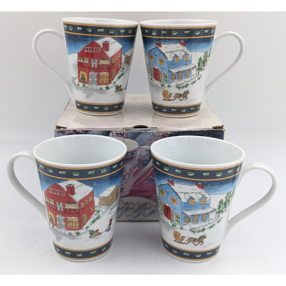 American Atelier Winter Village 5053 Mug Set of 4 Mugs with Box